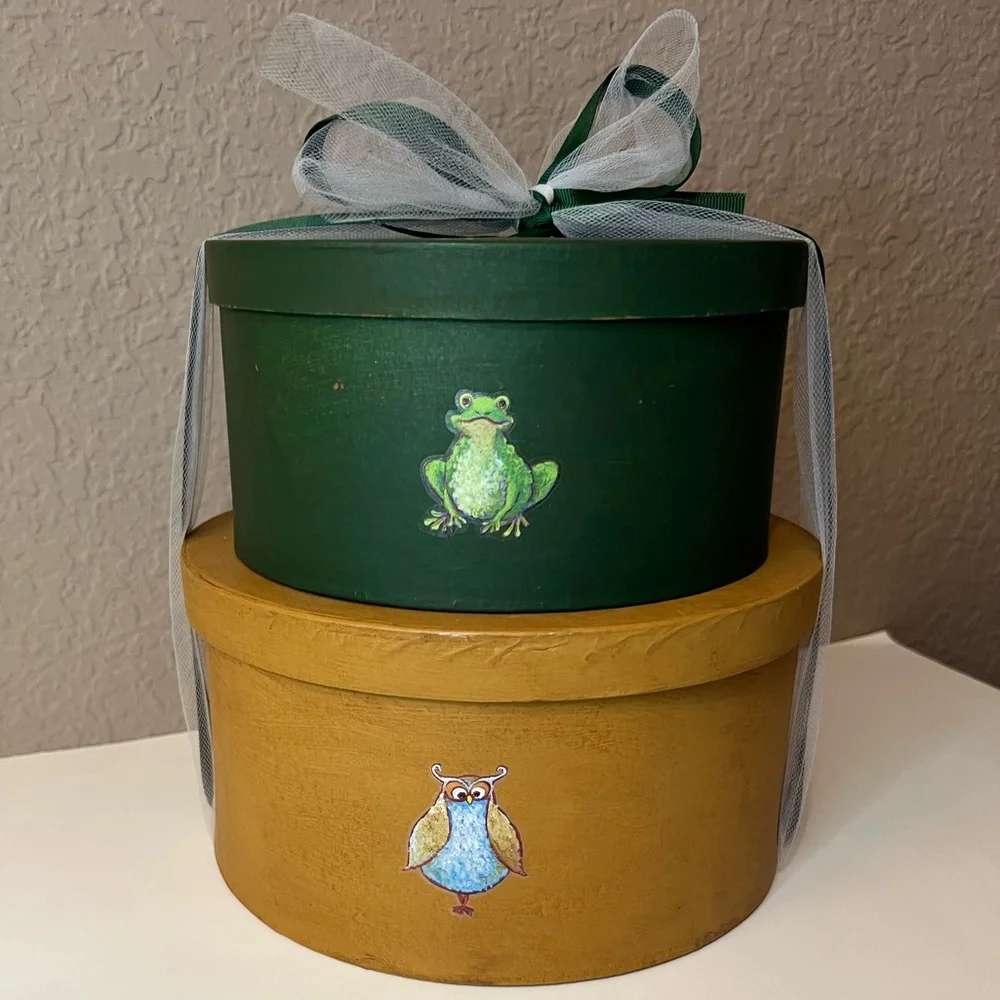 Home Decorative Owl and Frog Storage Boxes Set of 2 with Ribbon New